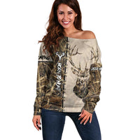 Personalized Born to Hunt Off Shoulder Sweater Deer Hunting Lacing Detail and Camo Traditional