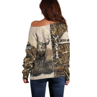 Personalized Born to Hunt Off Shoulder Sweater Deer Hunting Lacing Detail and Camo Traditional