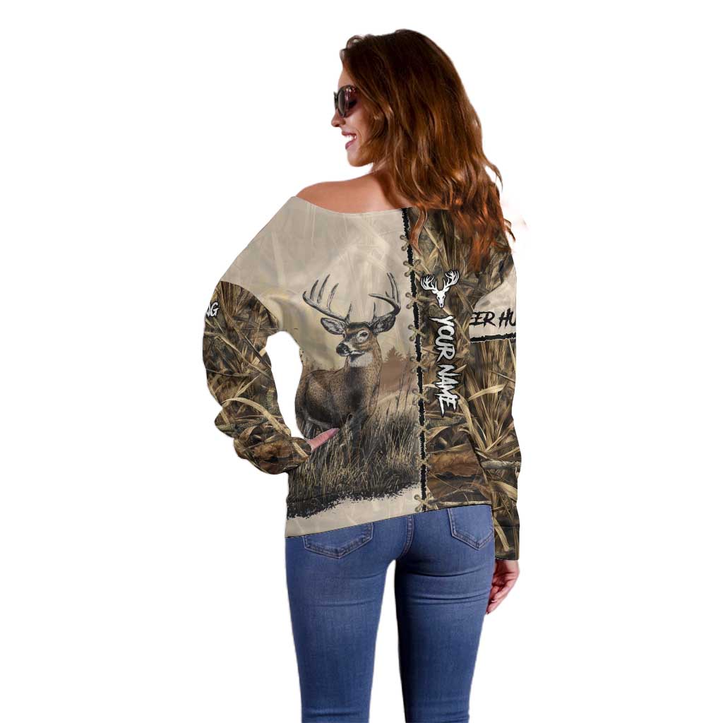 Personalized Born to Hunt Off Shoulder Sweater Deer Hunting Lacing Detail and Camo Traditional