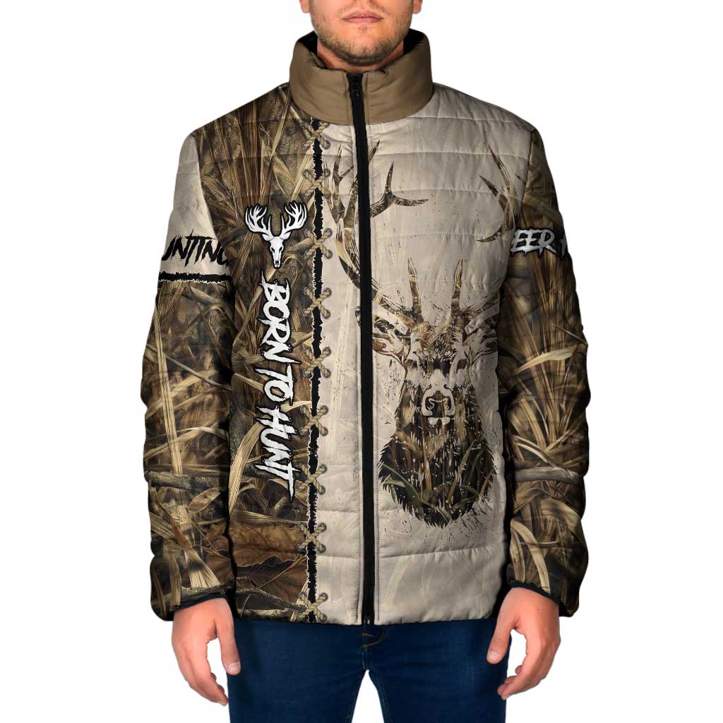 Personalized Born to Hunt Padded Jacket Deer Hunting Lacing Detail and Camo Traditional