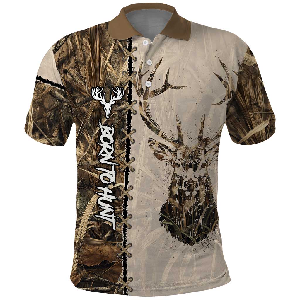 Personalized Born to Hunt Polo Shirt Deer Hunting Lacing Detail and Camo Traditional