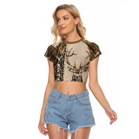 Personalized Born to Hunt Raglan Cropped T Shirt Deer Hunting Lacing Detail and Camo Traditional