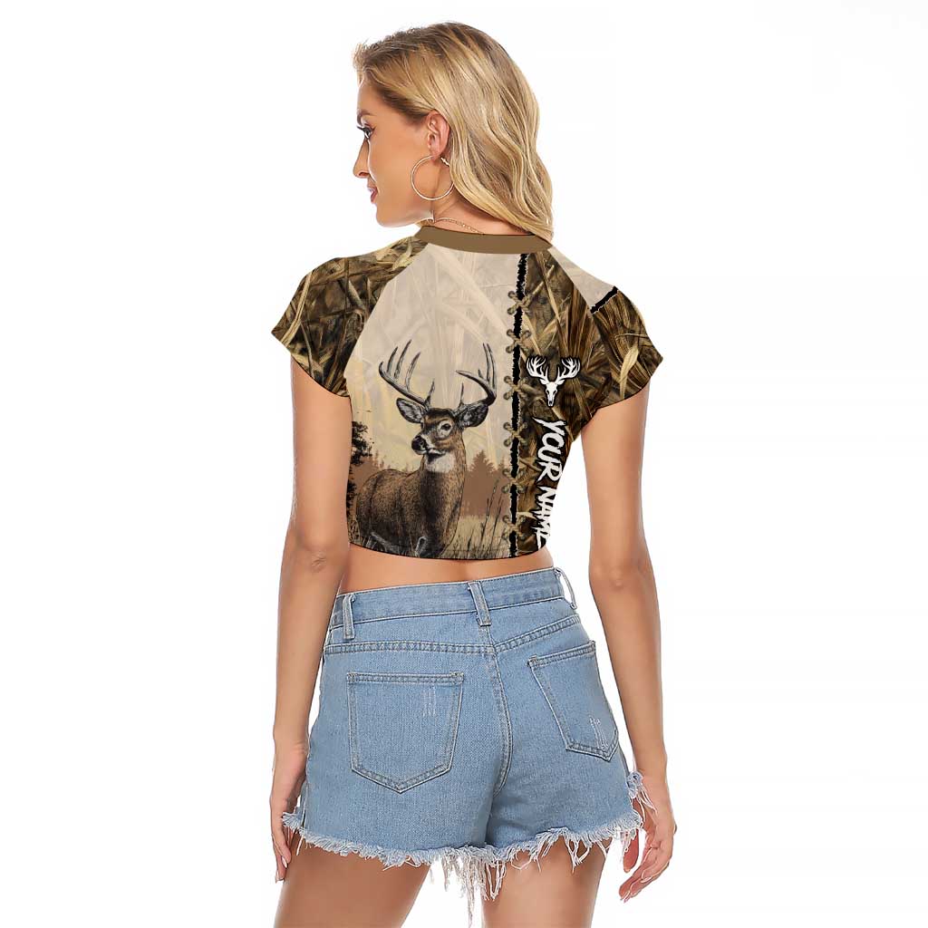 Personalized Born to Hunt Raglan Cropped T Shirt Deer Hunting Lacing Detail and Camo Traditional