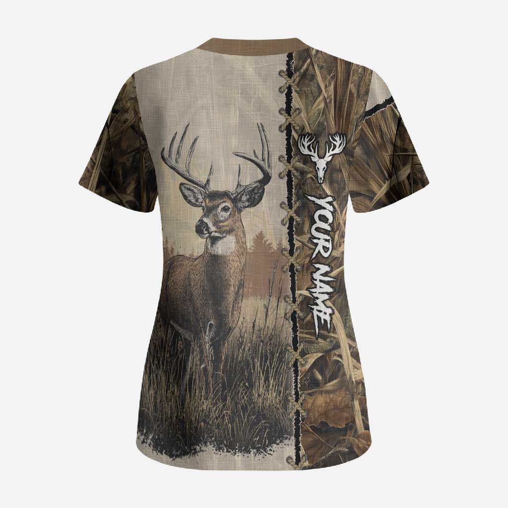 Personalized Born to Hunt Scrub Top Deer Hunting Lacing Detail and Camo Traditional