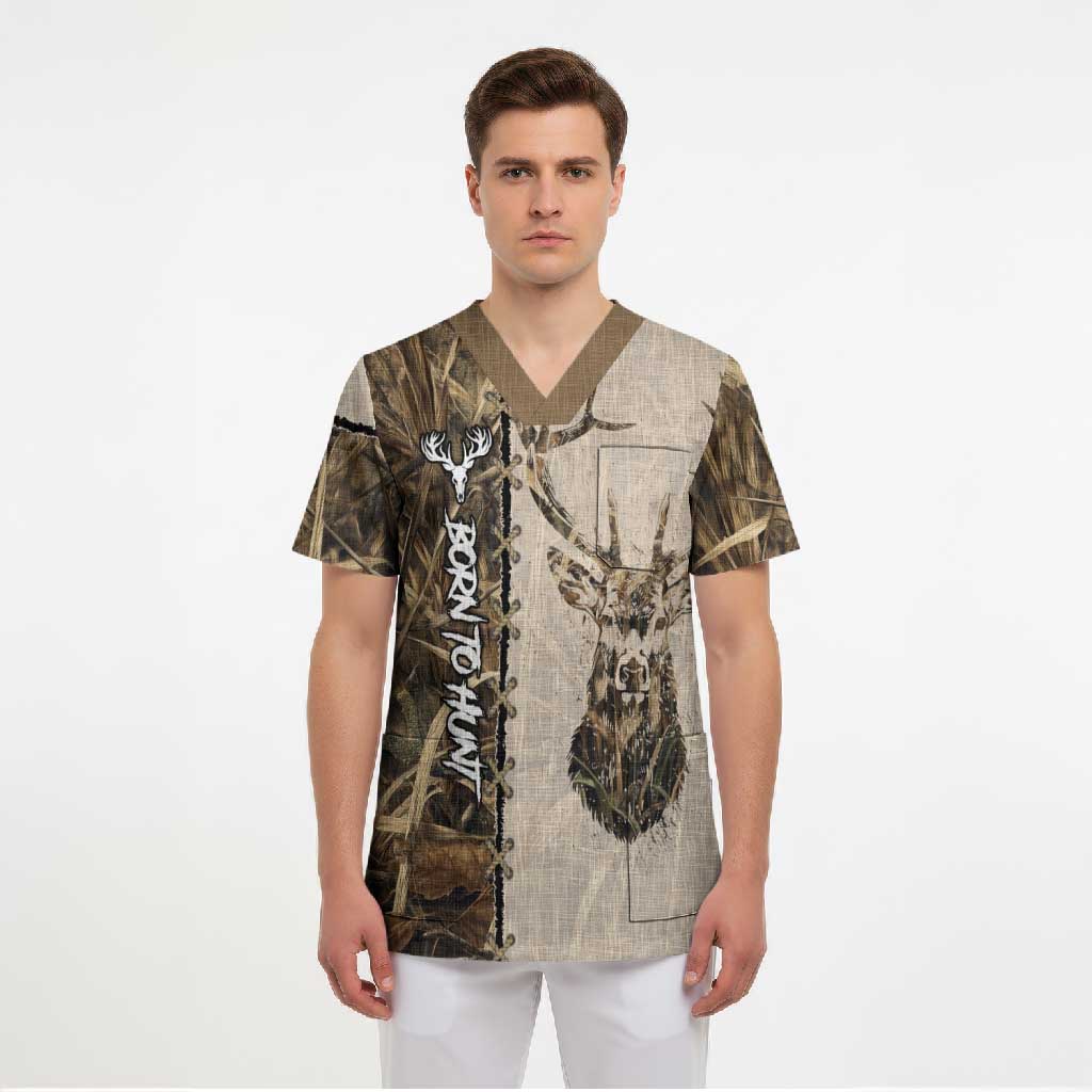 Personalized Born to Hunt Scrub Top Deer Hunting Lacing Detail and Camo Traditional