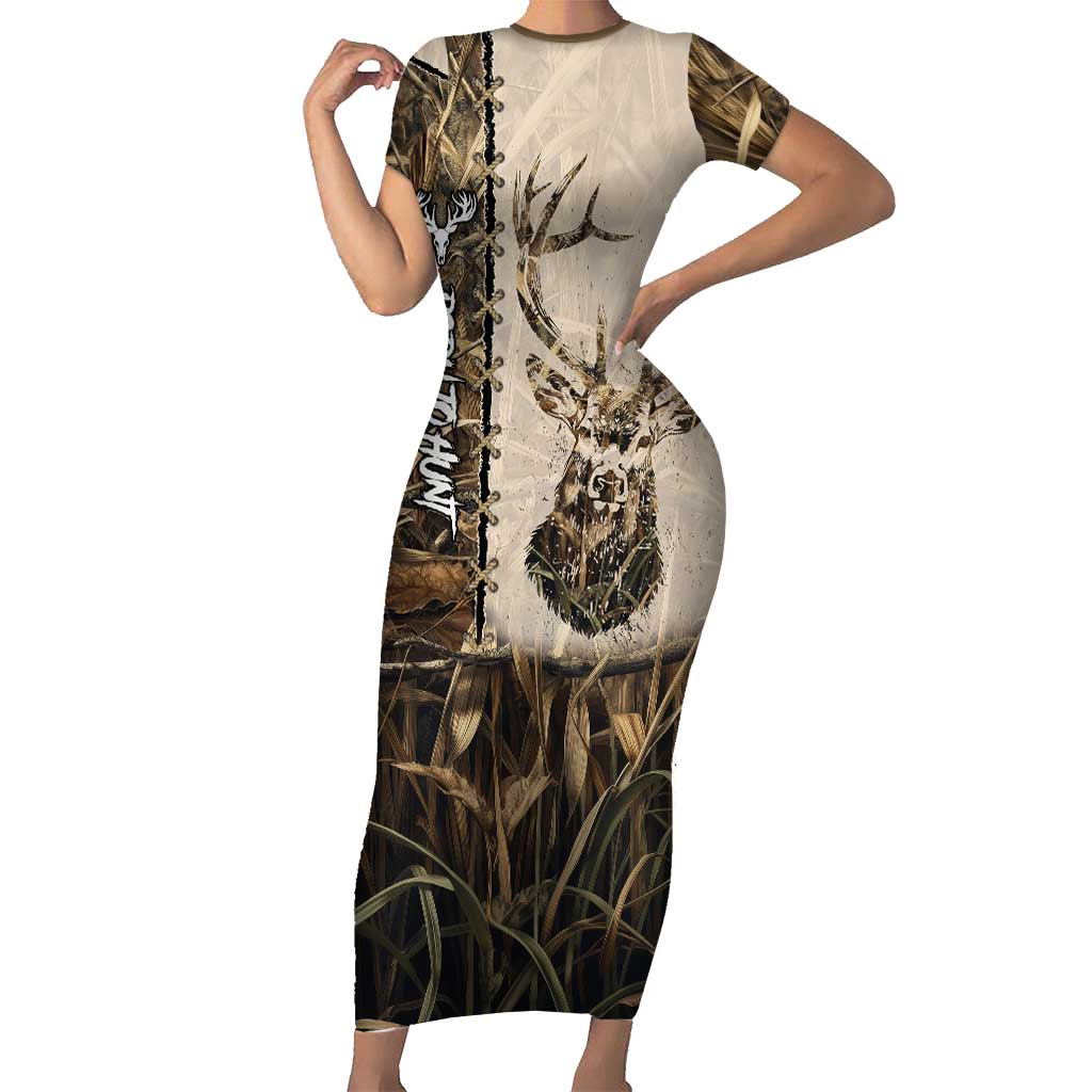 Personalized Born to Hunt Short Sleeve Bodycon Dress Deer Hunting Lacing Detail and Camo Traditional