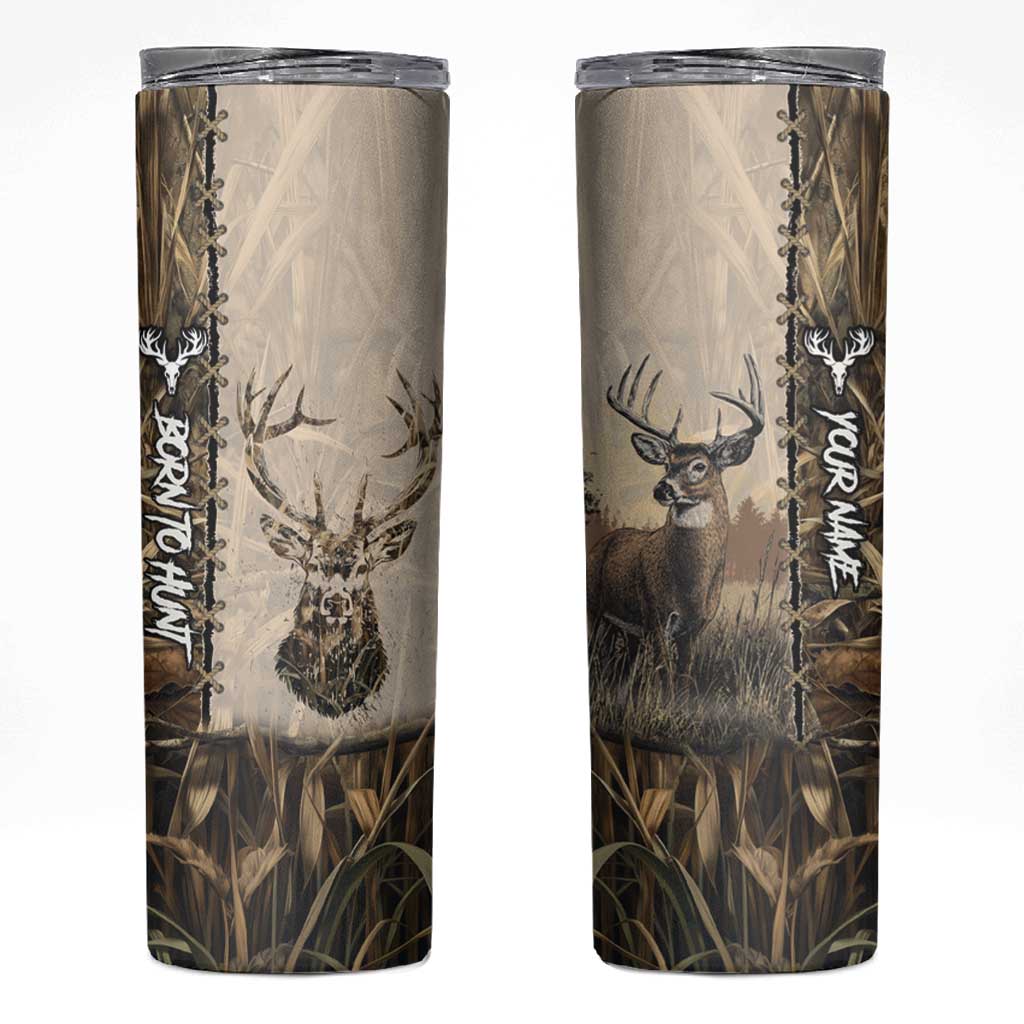 Personalized Born to Hunt Skinny Tumbler Deer Hunting Lacing Detail and Camo Traditional