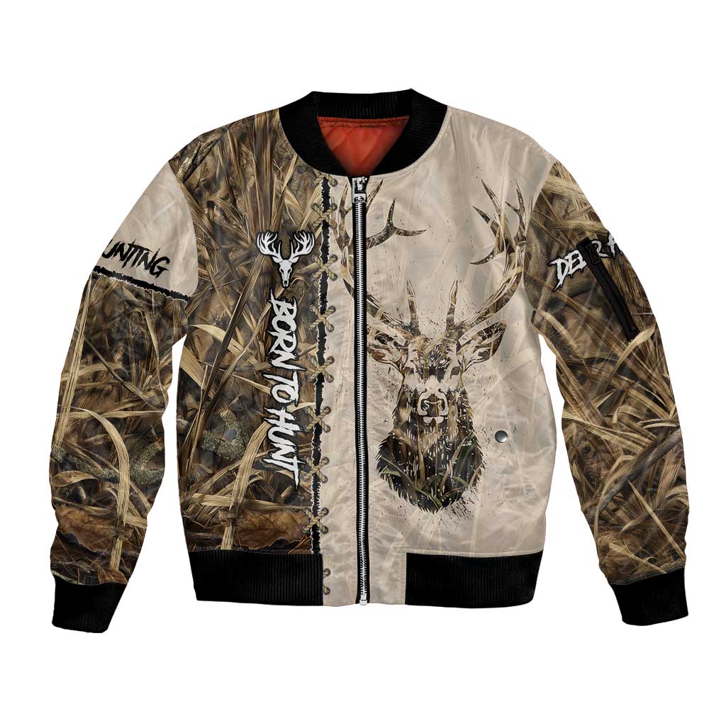 Personalized Born to Hunt Sleeve Zip Bomber Jacket Deer Hunting Lacing Detail and Camo Traditional