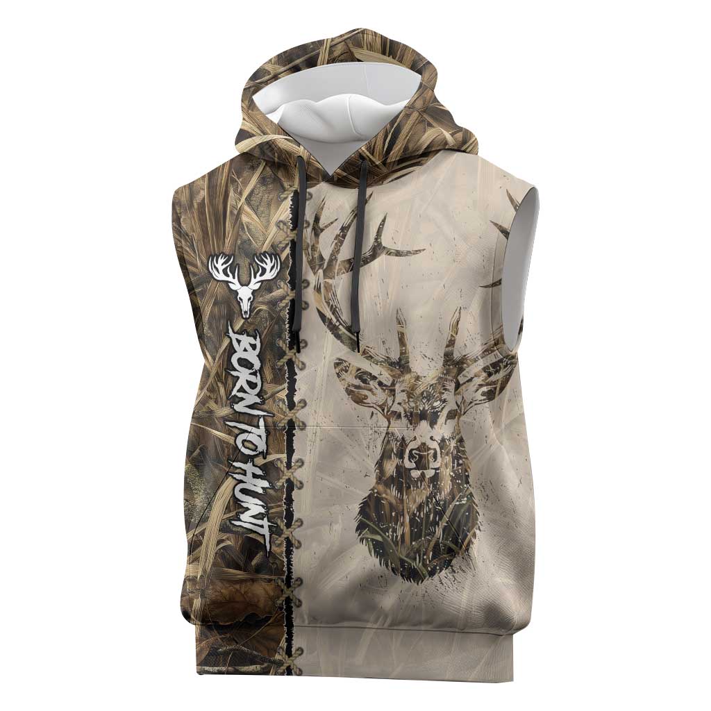 Personalized Born to Hunt Sleeveless Hoodie Deer Hunting Lacing Detail and Camo Traditional