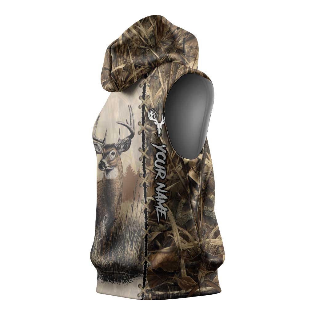 Personalized Born to Hunt Sleeveless Hoodie Deer Hunting Lacing Detail and Camo Traditional