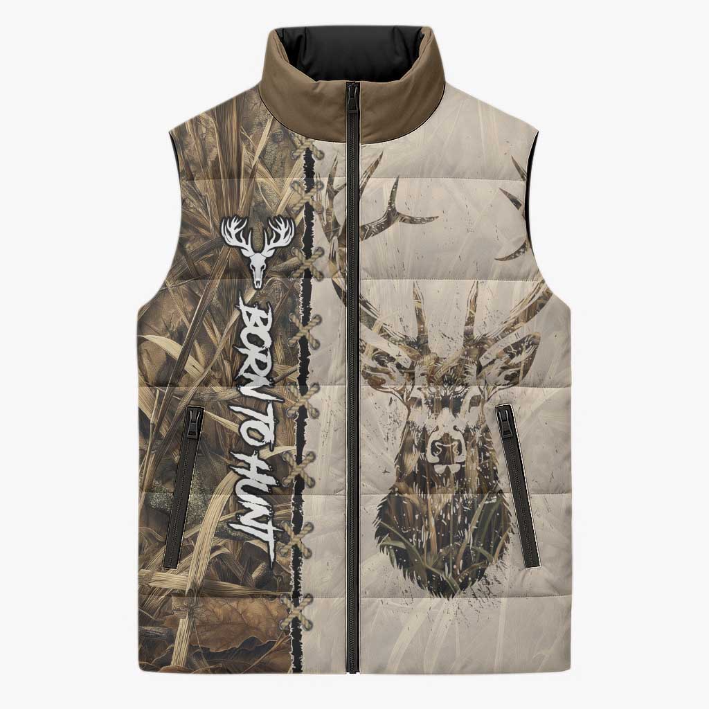 Personalized Born to Hunt Sleeveless Puffer Jacket Deer Hunting Lacing Detail and Camo Traditional