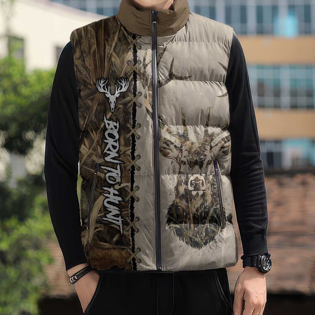 Personalized Born to Hunt Sleeveless Puffer Jacket Deer Hunting Lacing Detail and Camo Traditional
