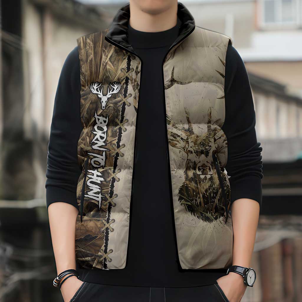 Personalized Born to Hunt Sleeveless Puffer Jacket Deer Hunting Lacing Detail and Camo Traditional