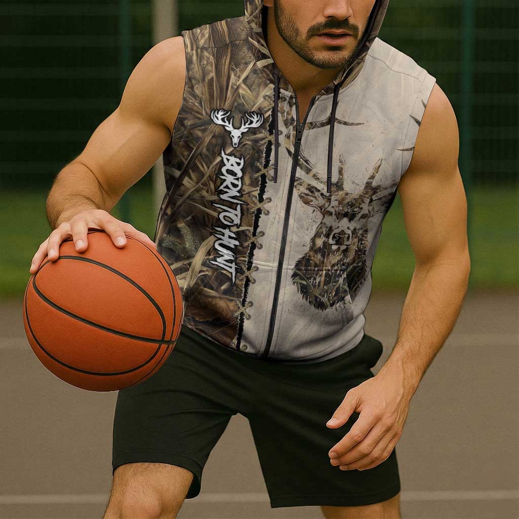 Personalized Born to Hunt Sleeveless Zip Hoodie Deer Hunting Lacing Detail and Camo Traditional
