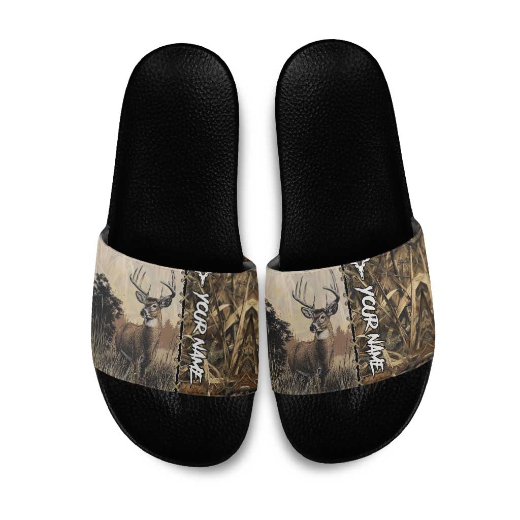 Personalized Born to Hunt Slide Sandals Deer Hunting Lacing Detail and Camo Traditional