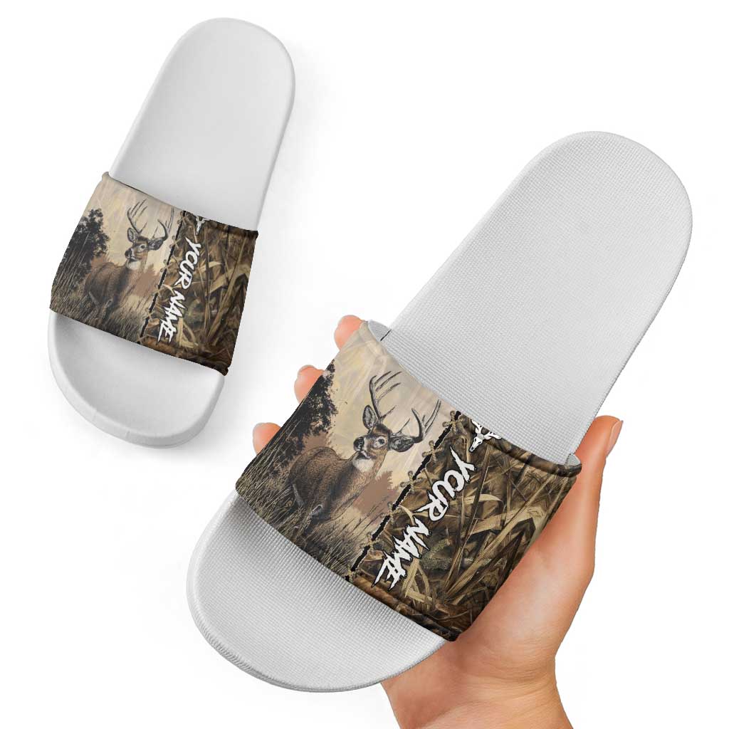 Personalized Born to Hunt Slide Sandals Deer Hunting Lacing Detail and Camo Traditional