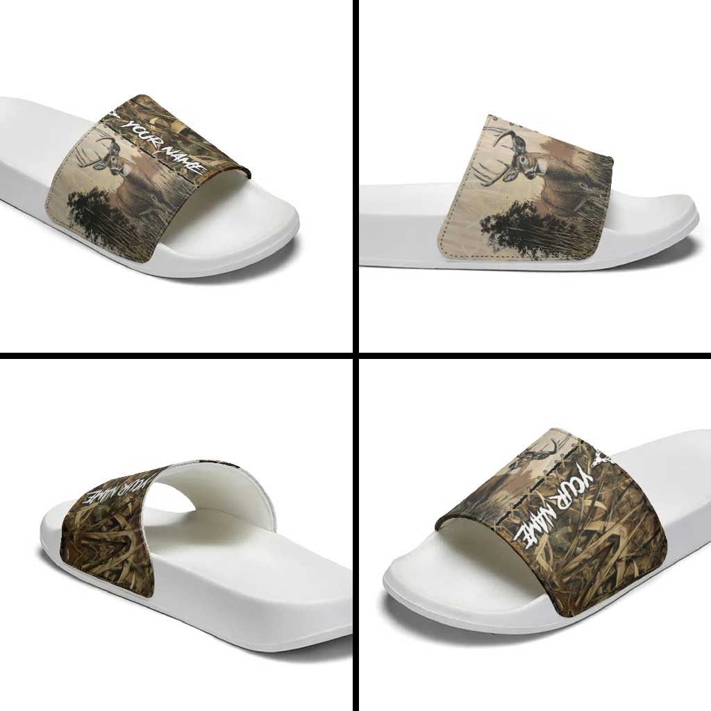 Personalized Born to Hunt Slide Sandals Deer Hunting Lacing Detail and Camo Traditional