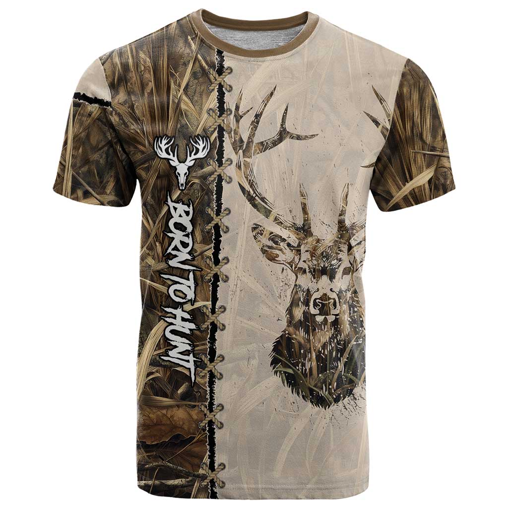 Personalized Born to Hunt T Shirt Deer Hunting Lacing Detail and Camo Traditional