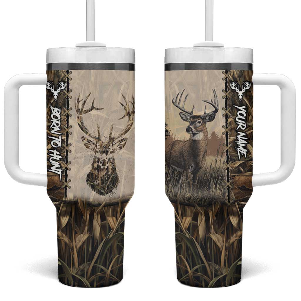 Personalized Born to Hunt Tumbler With Handle Deer Hunting Lacing Detail and Camo Traditional