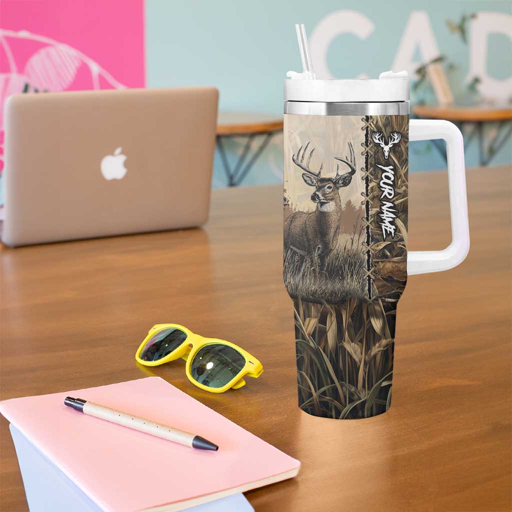 Personalized Born to Hunt Tumbler With Handle Deer Hunting Lacing Detail and Camo Traditional
