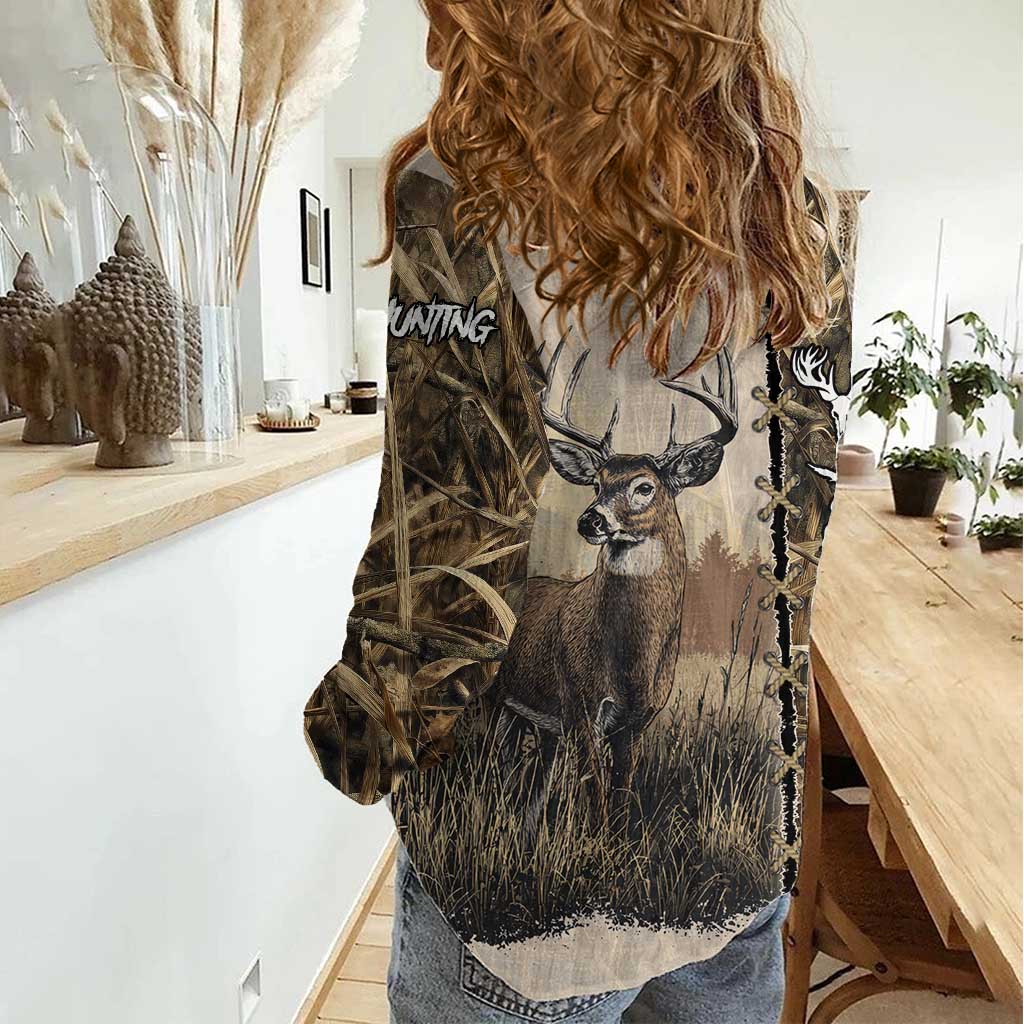 Personalized Born to Hunt Women Casual Shirt Deer Hunting Lacing Detail and Camo Traditional