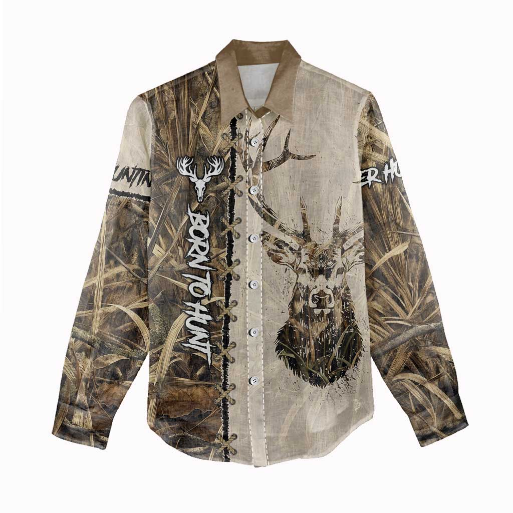 Personalized Born to Hunt Women Casual Shirt Deer Hunting Lacing Detail and Camo Traditional