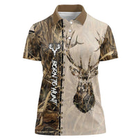 Personalized Born to Hunt Women Polo Shirt Deer Hunting Lacing Detail and Camo Traditional