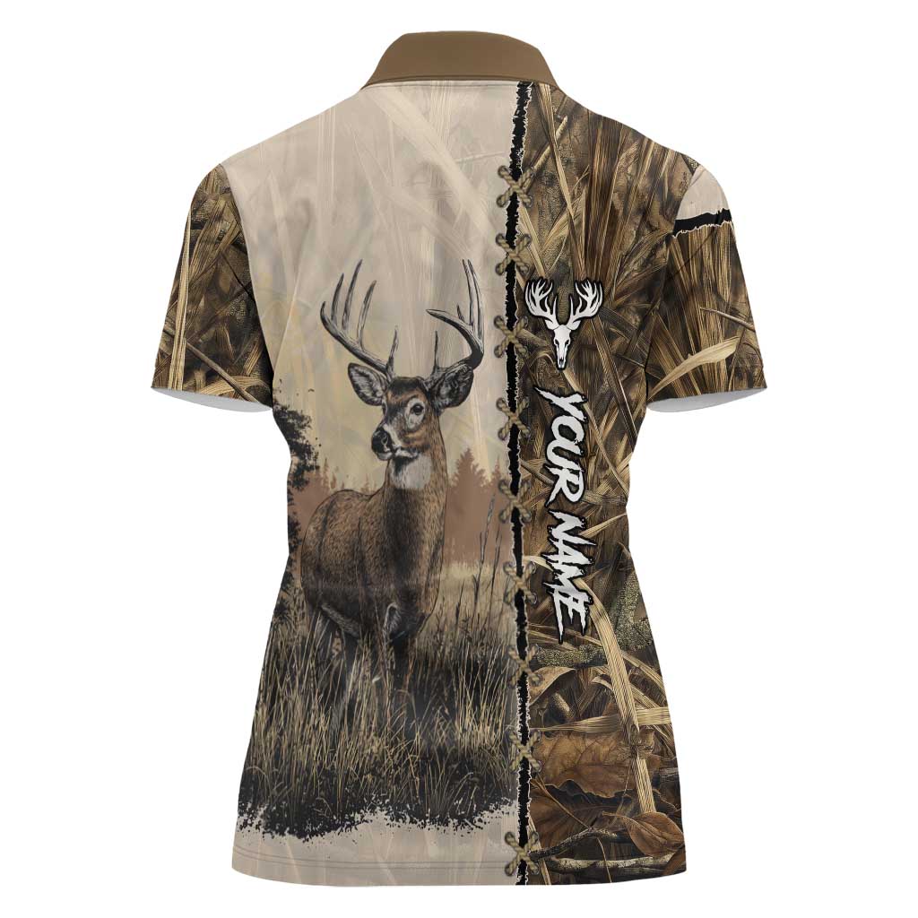 Personalized Born to Hunt Women Polo Shirt Deer Hunting Lacing Detail and Camo Traditional