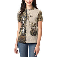 Personalized Born to Hunt Women Polo Shirt Deer Hunting Lacing Detail and Camo Traditional
