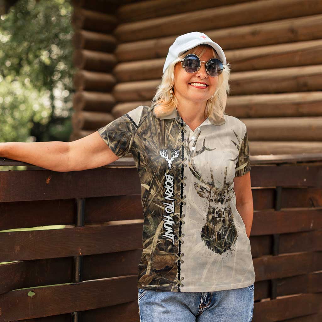 Personalized Born to Hunt Women Polo Shirt Deer Hunting Lacing Detail and Camo Traditional