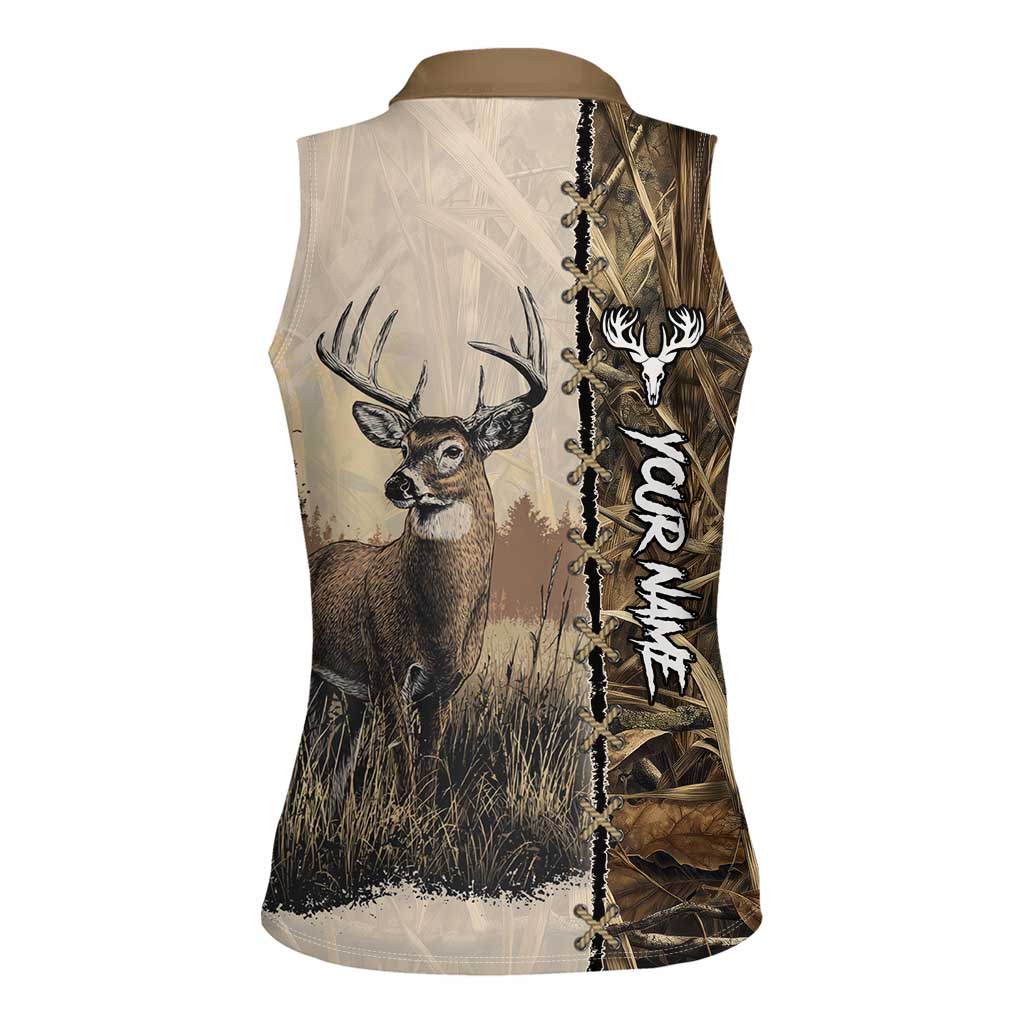 Personalized Born to Hunt Women Sleeveless Polo Shirt Deer Hunting Lacing Detail and Camo Traditional