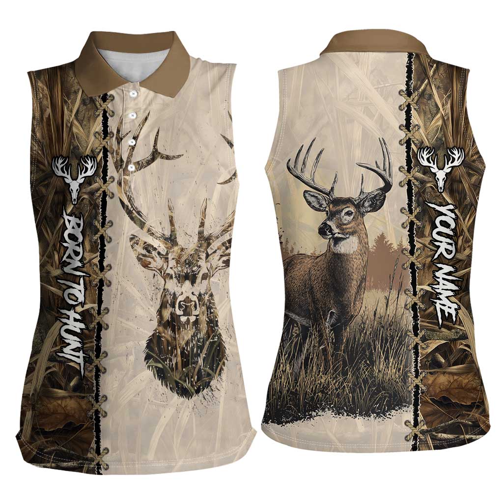 Personalized Born to Hunt Women Sleeveless Polo Shirt Deer Hunting Lacing Detail and Camo Traditional