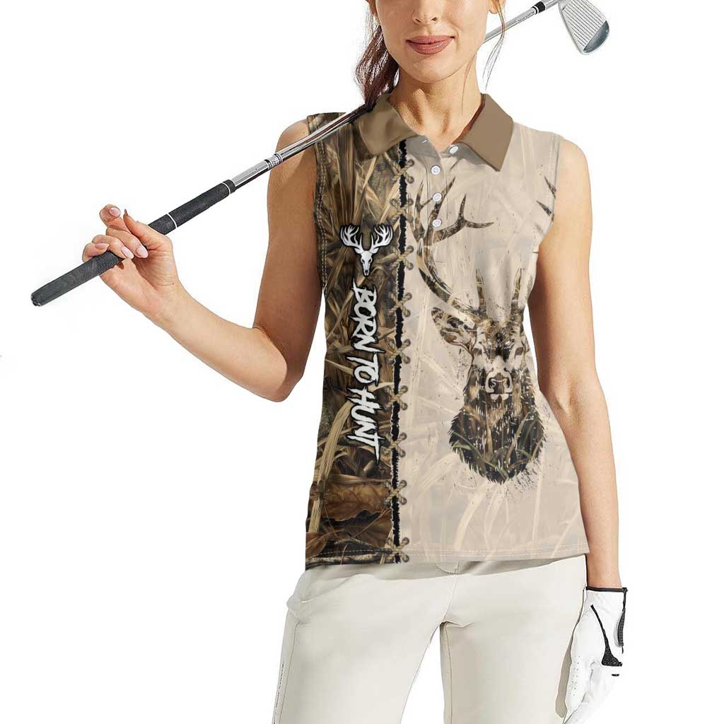 Personalized Born to Hunt Women Sleeveless Polo Shirt Deer Hunting Lacing Detail and Camo Traditional