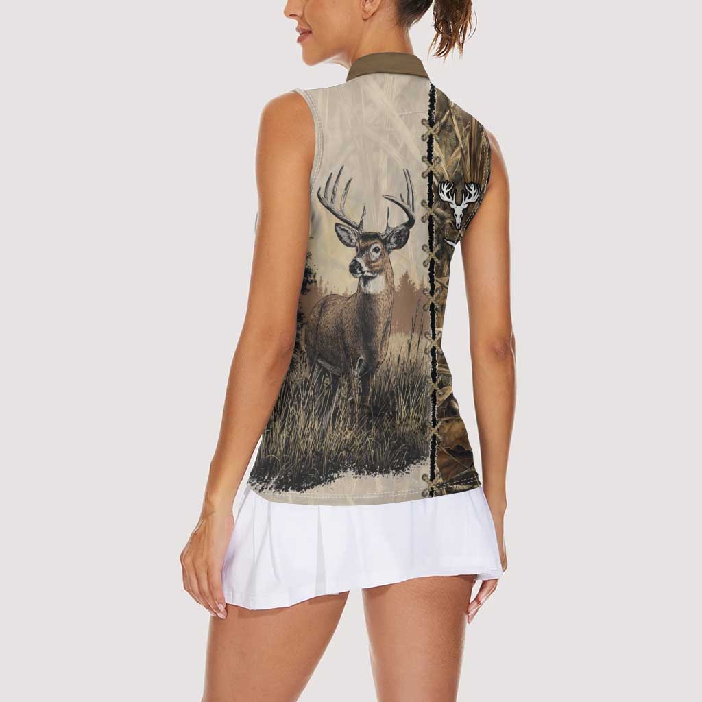 Personalized Born to Hunt Women Sleeveless Polo Shirt Deer Hunting Lacing Detail and Camo Traditional