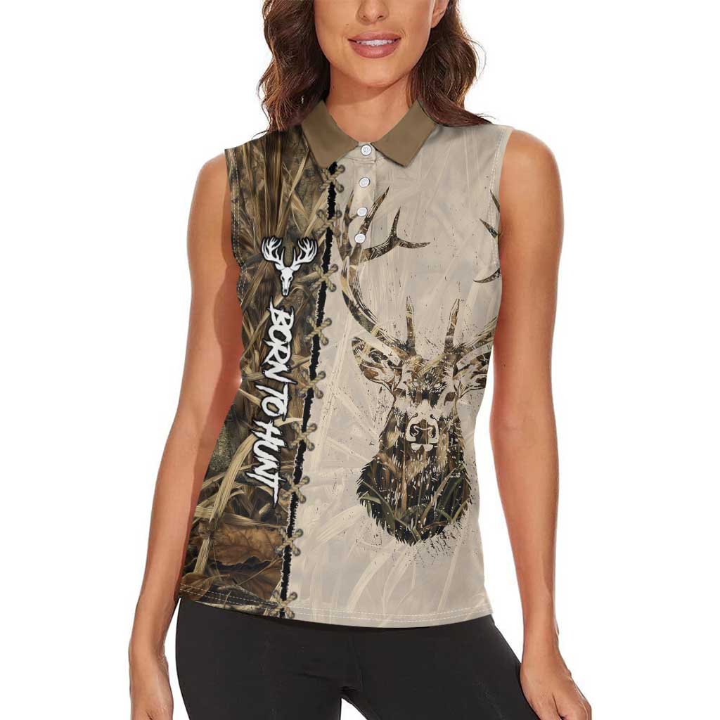 Personalized Born to Hunt Women Sleeveless Polo Shirt Deer Hunting Lacing Detail and Camo Traditional