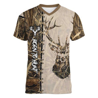 Personalized Born to Hunt Women V-Neck T-Shirt Deer Hunting Lacing Detail and Camo Traditional