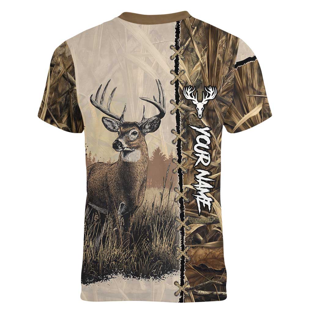 Personalized Born to Hunt Women V-Neck T-Shirt Deer Hunting Lacing Detail and Camo Traditional