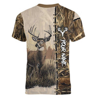 Personalized Born to Hunt Women V-Neck T-Shirt Deer Hunting Lacing Detail and Camo Traditional