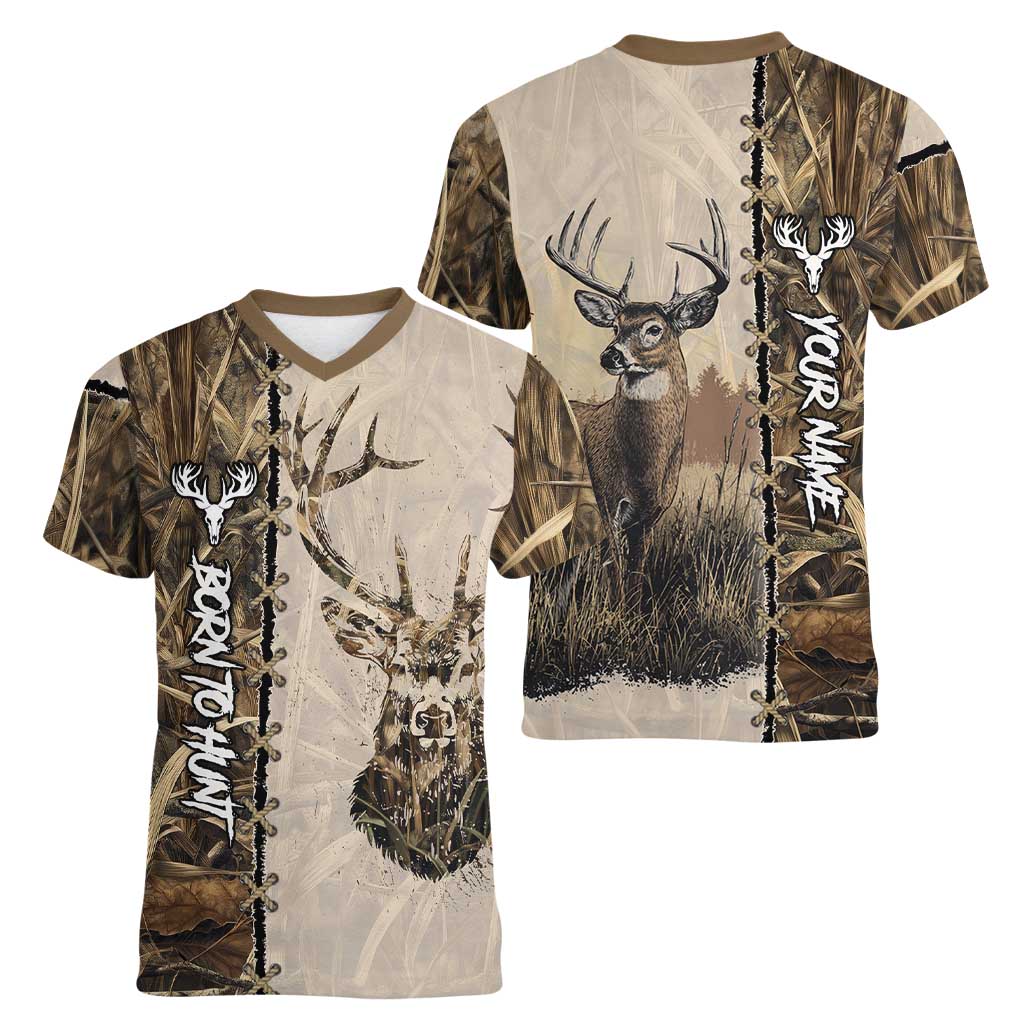 Personalized Born to Hunt Women V-Neck T-Shirt Deer Hunting Lacing Detail and Camo Traditional