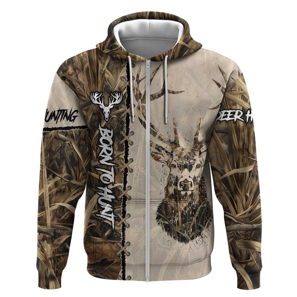 Personalized Born to Hunt Zip Hoodie Deer Hunting Lacing Detail and Camo Traditional