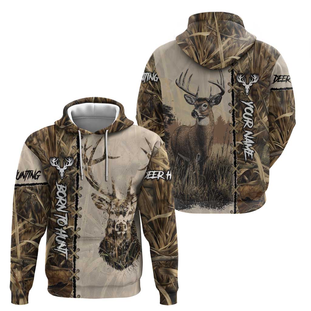 Personalized Born to Hunt Zip Hoodie Deer Hunting Lacing Detail and Camo Traditional