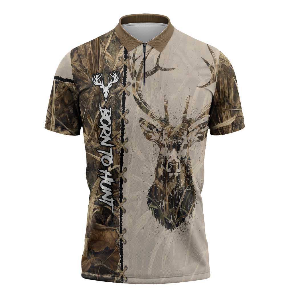 Personalized Born to Hunt Zipper Polo Shirt Deer Hunting Lacing Detail and Camo Traditional