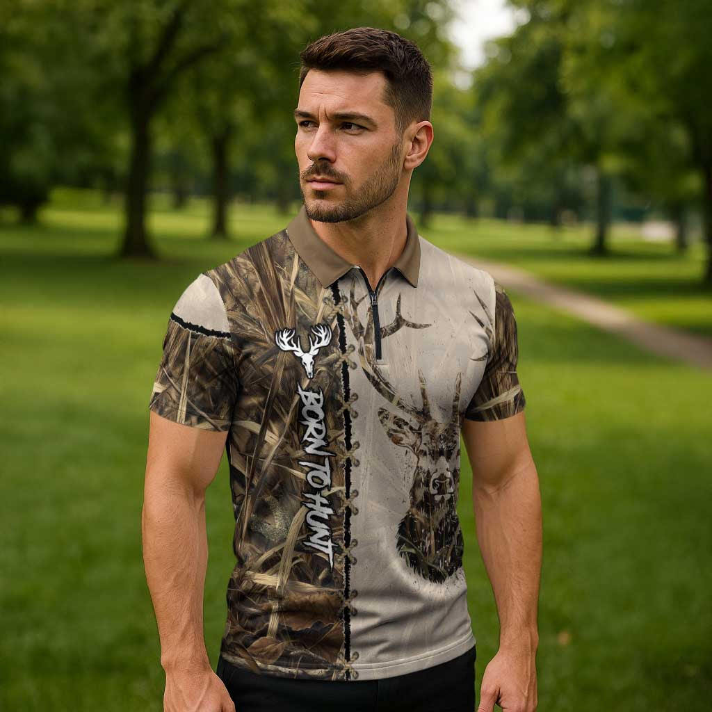 Personalized Born to Hunt Zipper Polo Shirt Deer Hunting Lacing Detail and Camo Traditional