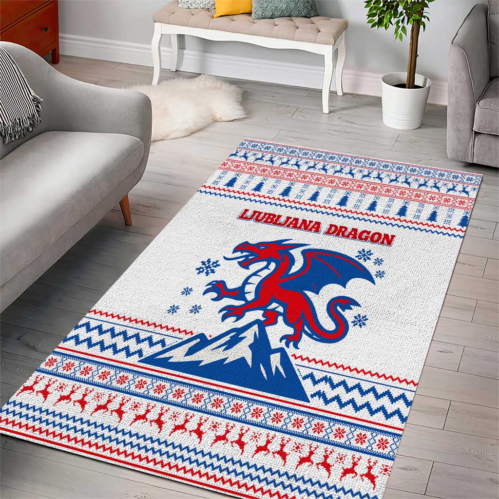 Slovenian Winter Area Rug Ljubljana Dragon with Nordic Snowflakes and Alpine Vibes