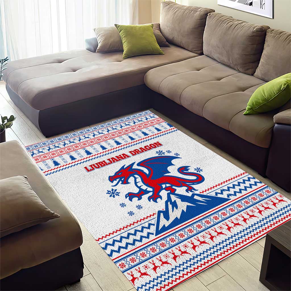 Slovenian Winter Area Rug Ljubljana Dragon with Nordic Snowflakes and Alpine Vibes