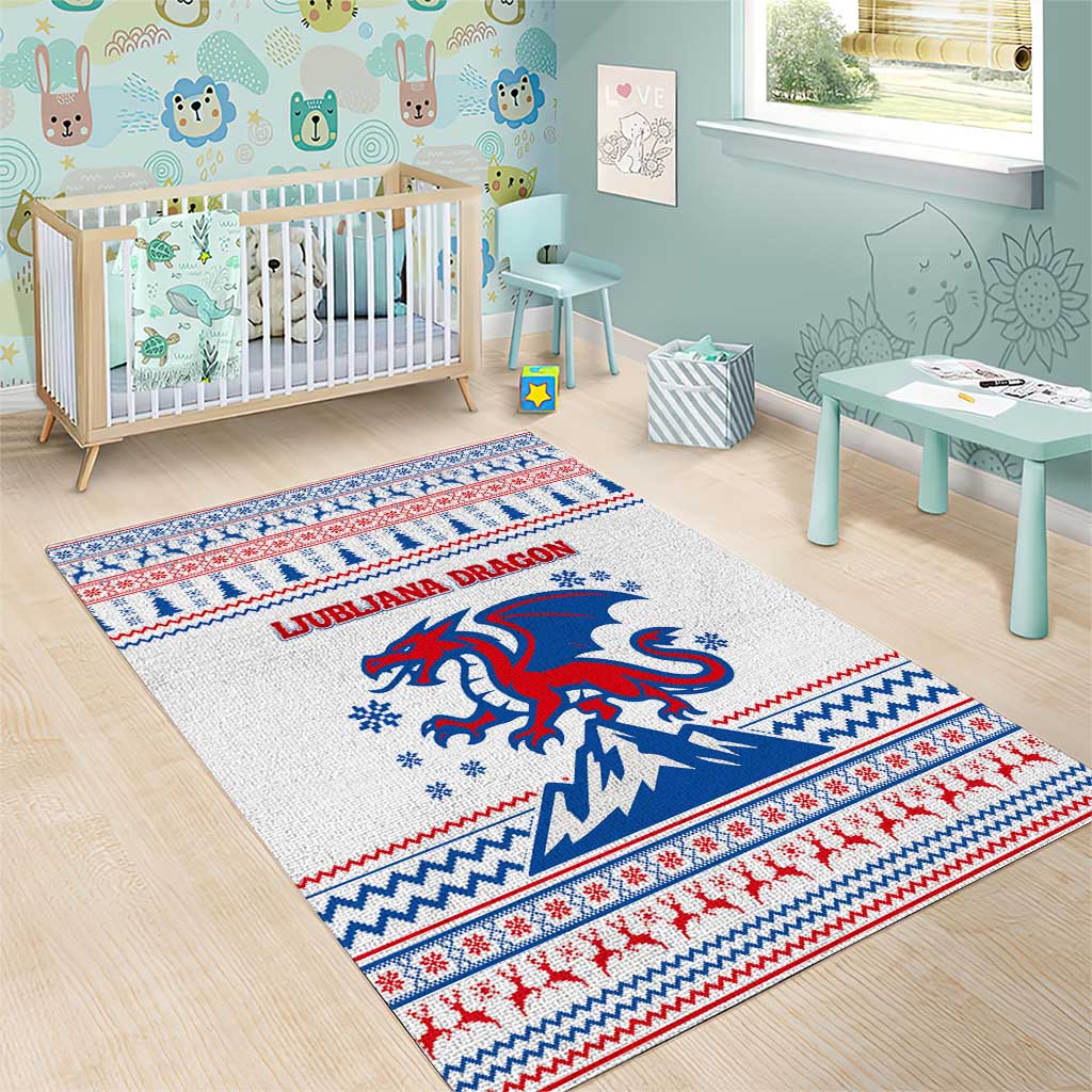 Slovenian Winter Area Rug Ljubljana Dragon with Nordic Snowflakes and Alpine Vibes