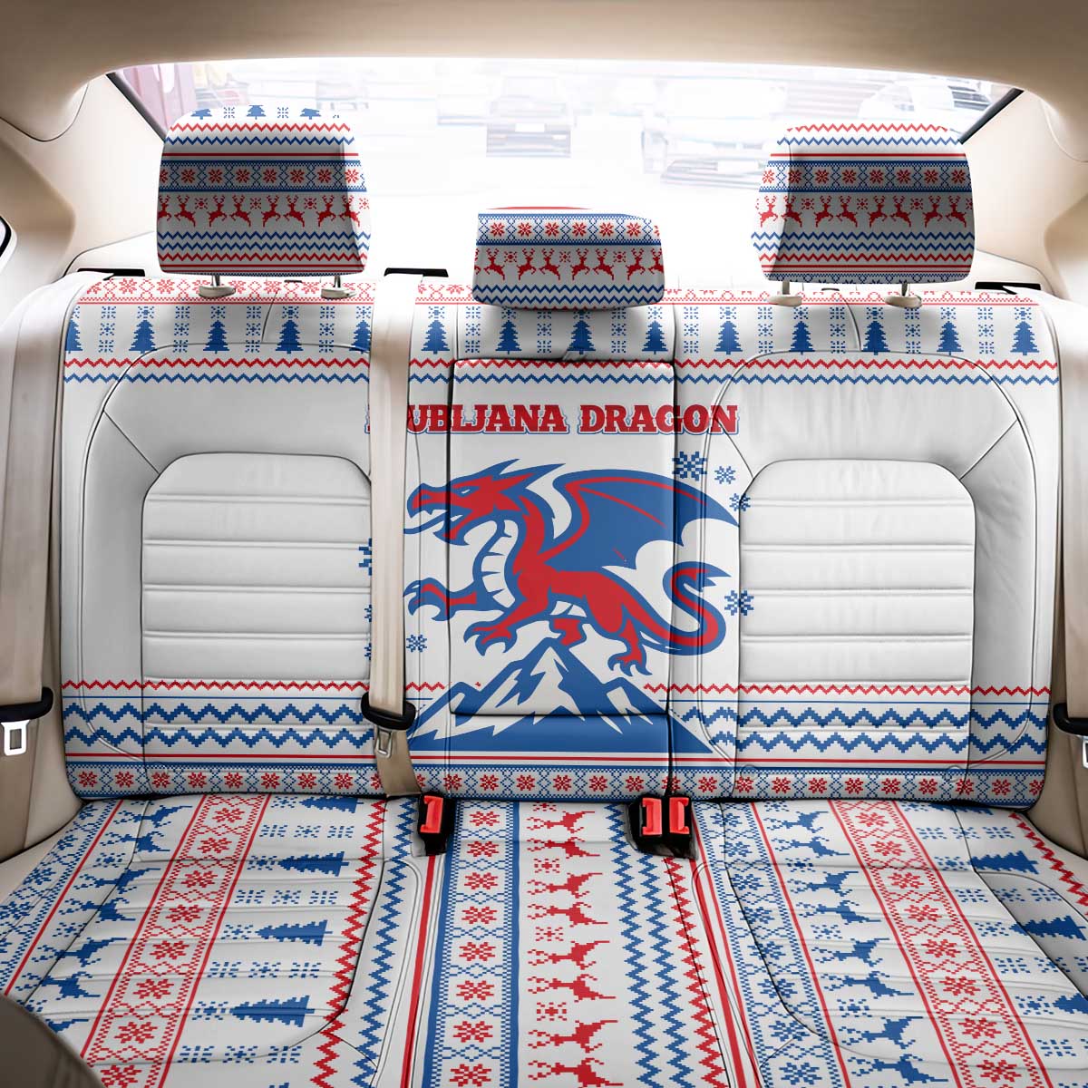 Slovenian Winter Back Car Seat Cover Ljubljana Dragon with Nordic Snowflakes and Alpine Vibes