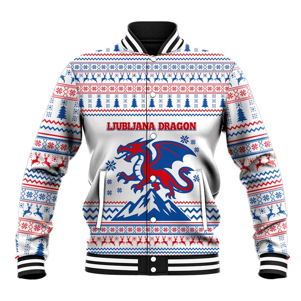 Slovenian Winter Baseball Jacket Ljubljana Dragon with Nordic Snowflakes and Alpine Vibes