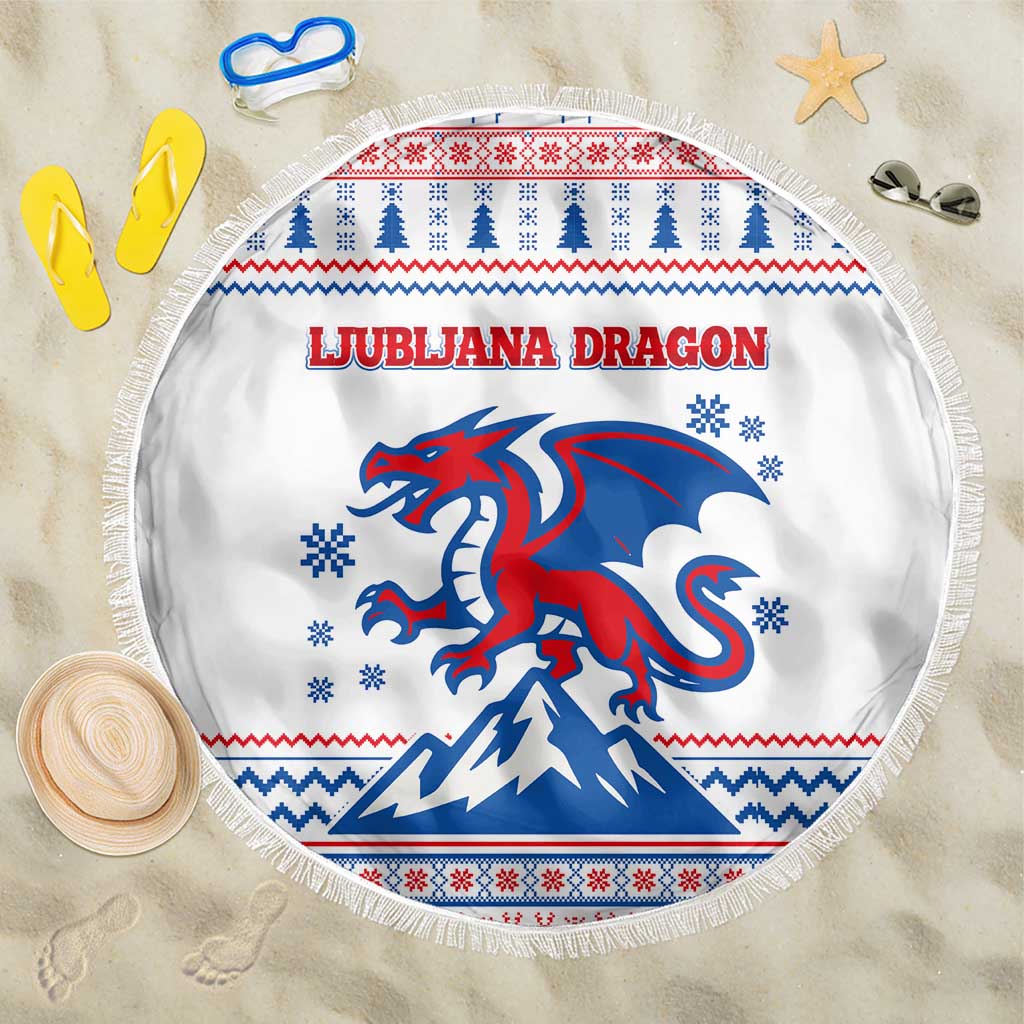 Slovenian Winter Beach Blanket Ljubljana Dragon with Nordic Snowflakes and Alpine Vibes