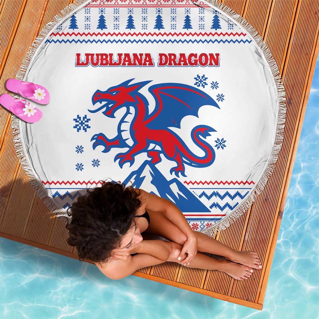 Slovenian Winter Beach Blanket Ljubljana Dragon with Nordic Snowflakes and Alpine Vibes